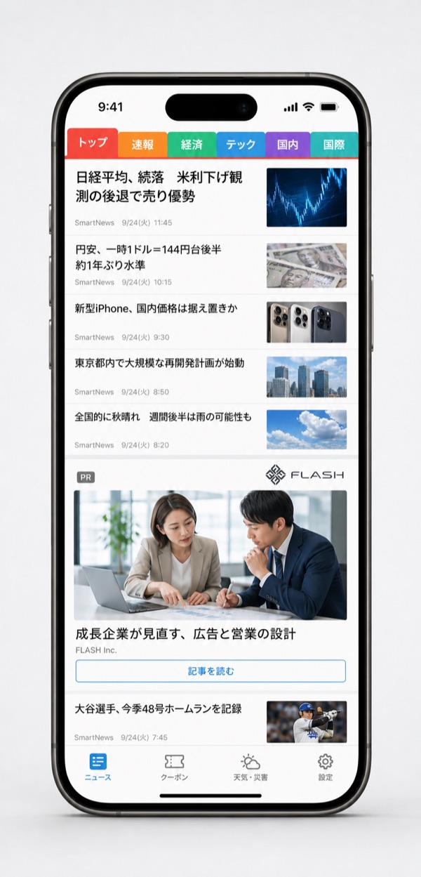 SmartNews広告に公式FLASH広告が表示されたiPhone 17 Pro Max実機モックアップ