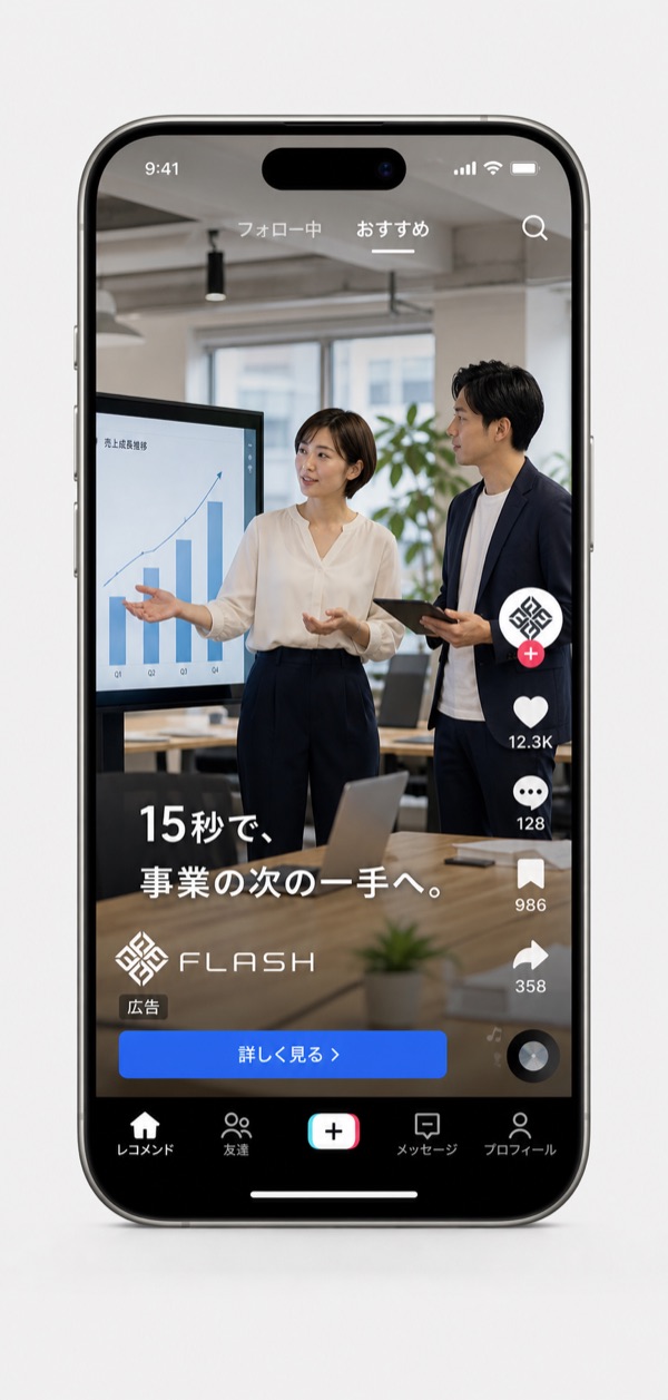TikTok広告に公式FLASH広告が表示されたiPhone 17 Pro Max実機モックアップ